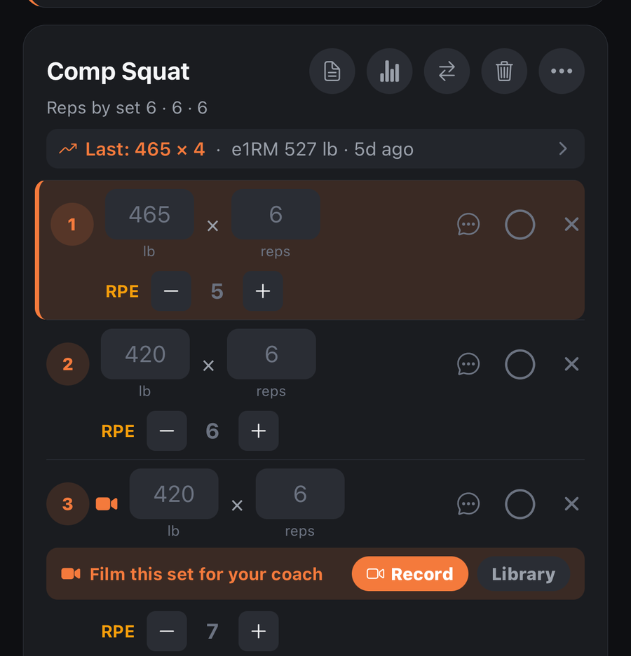 Crucible iPhone app set logger: the coach-flagged set shows a 'Film this set for your coach' strip with Record and Library buttons