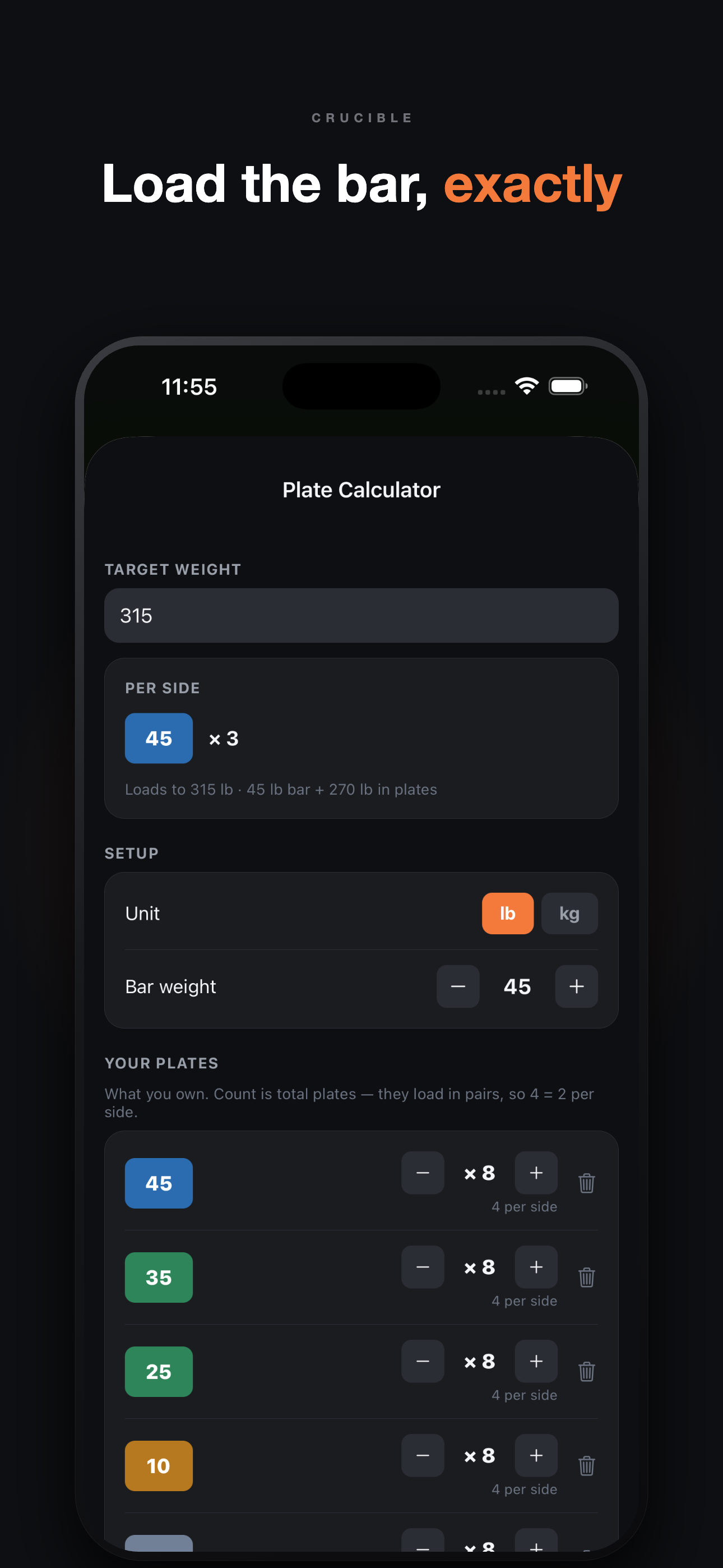 Crucible — load the bar, exactly