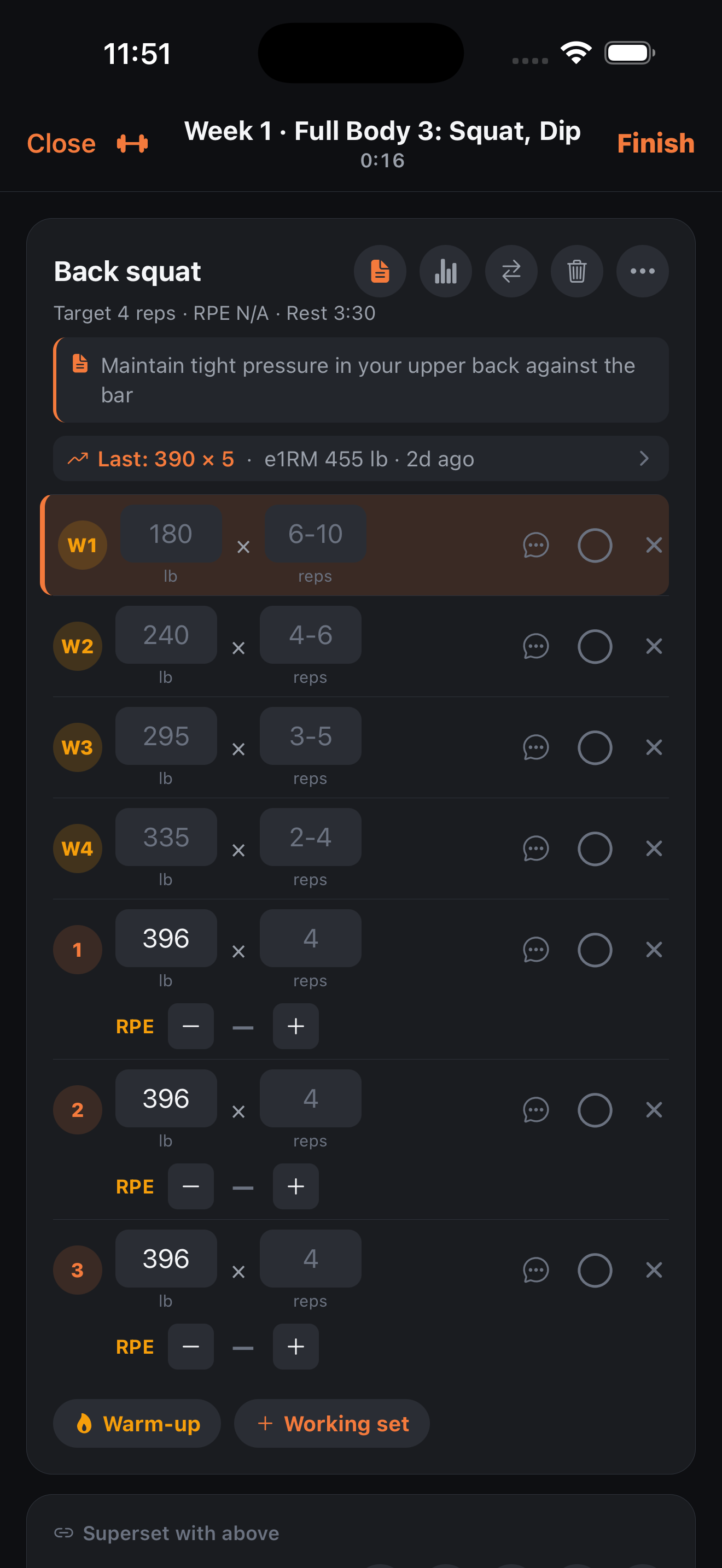 Crucible — logging a working set with warm-ups, rest timer and effort