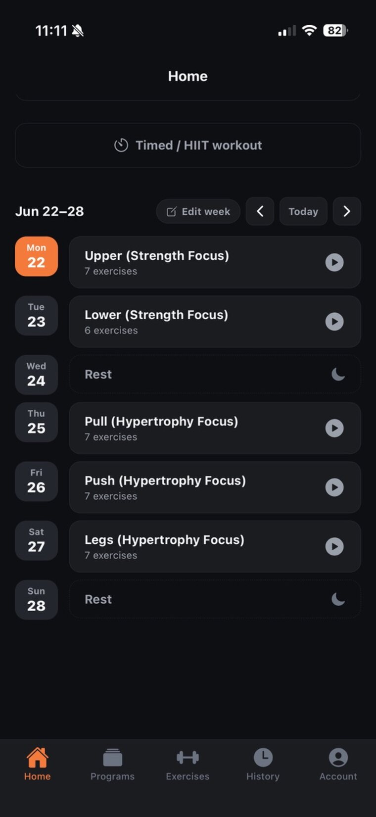 Crucible — weekly calendar of scheduled workouts