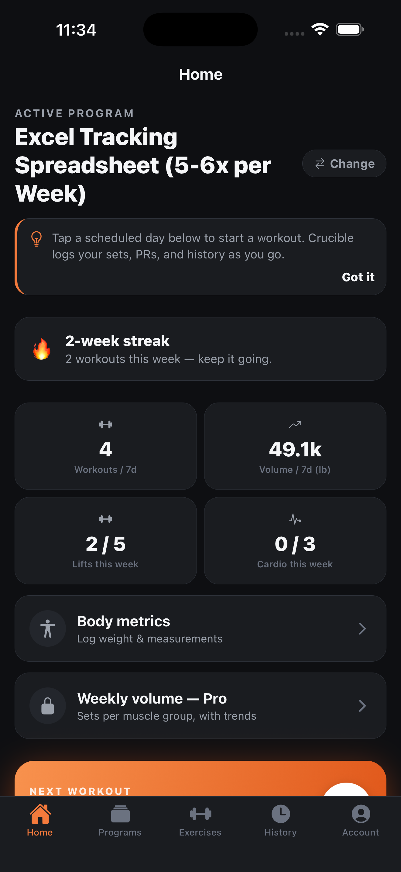 Crucible home — active program, weekly stats and streak