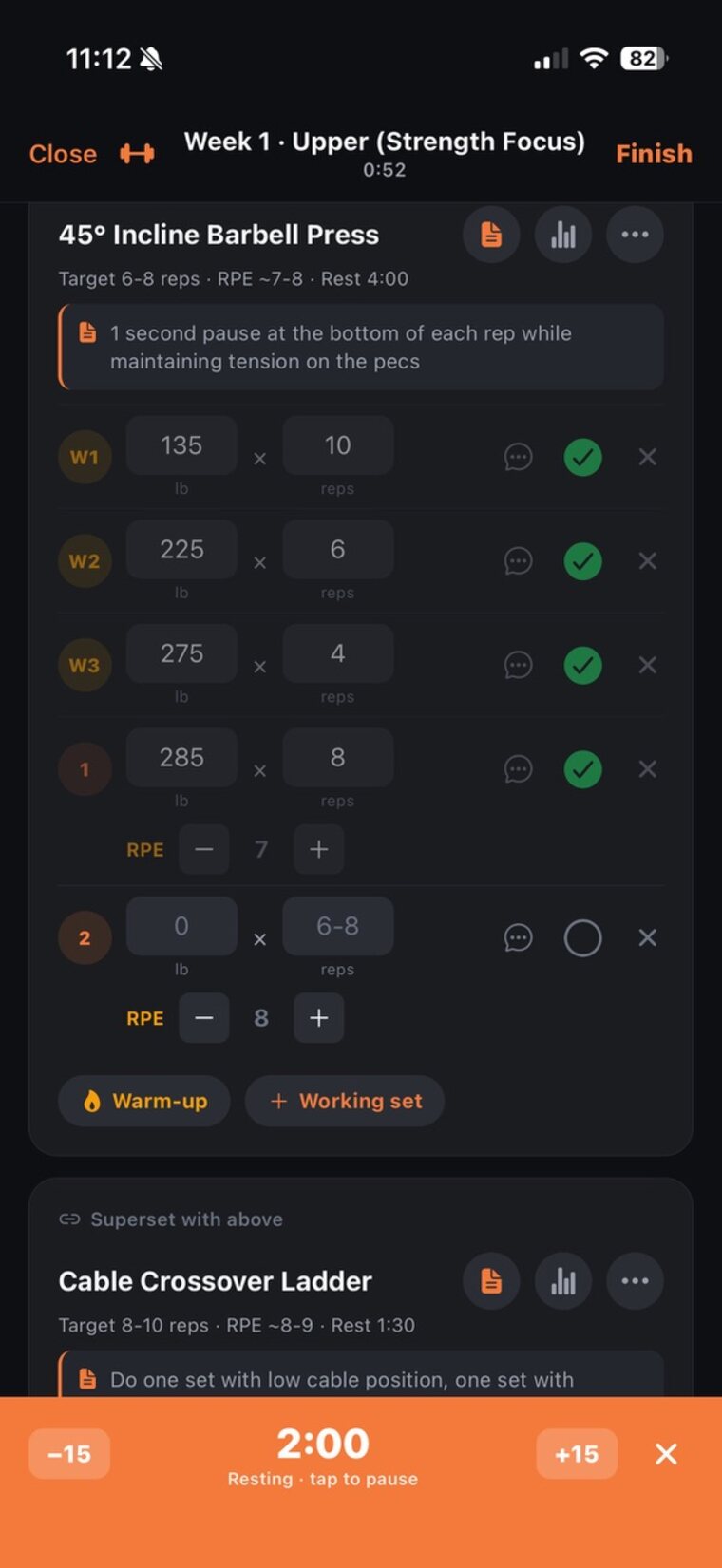 Crucible — logging a workout with RPE and a rest timer