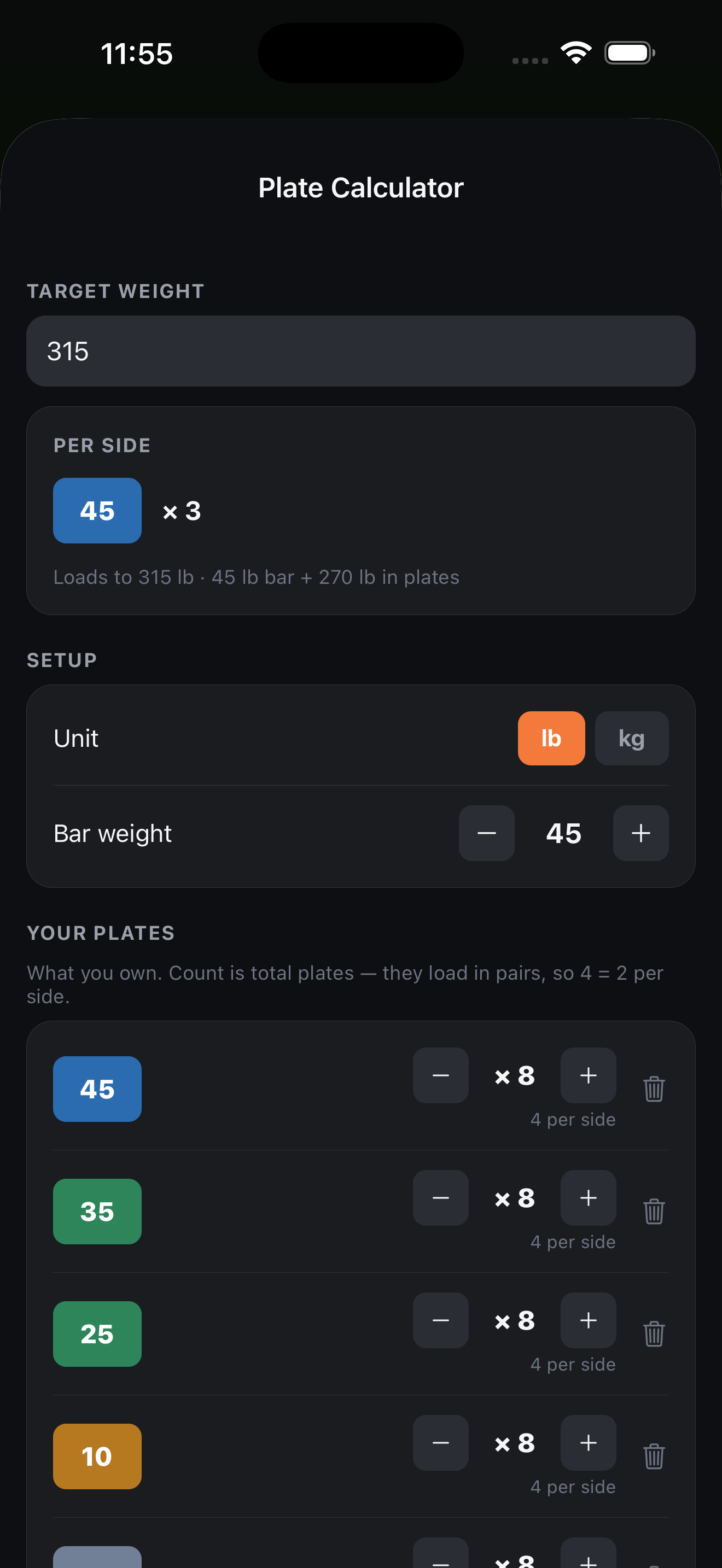 Crucible — plate calculator with an editable plate inventory